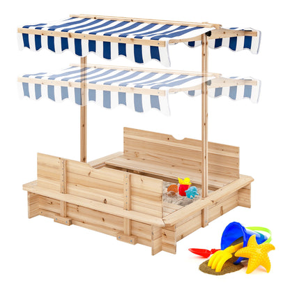 Kids Wooden Sandbox with Canopy and Bench Seats