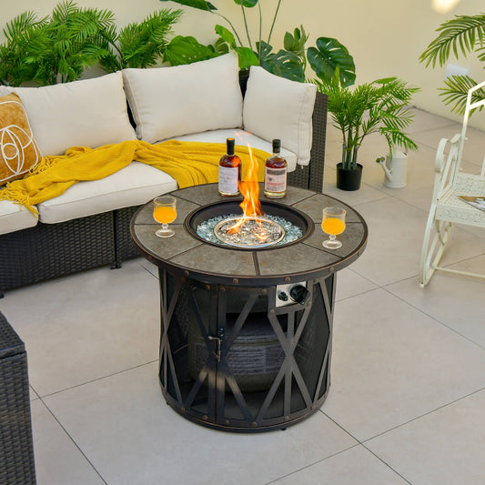 32 Inch 30000BTU Fire Pit Table with Fire Glasses and PVC Cover