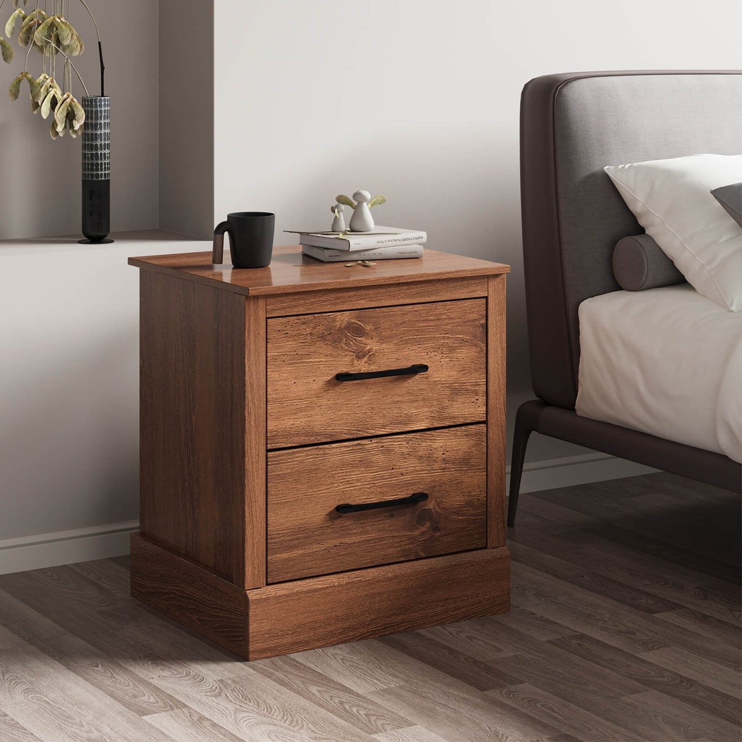 Wood Compact Floor Nightstand with Storage Drawers-Rustic Brown