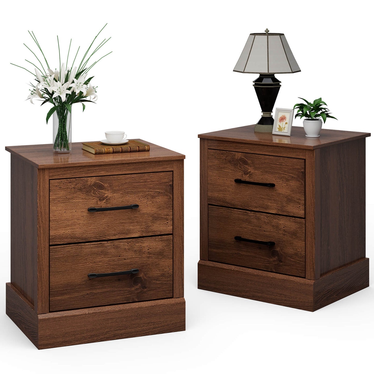 Wood Compact Floor Nightstand with Storage Drawers-Rustic Brown