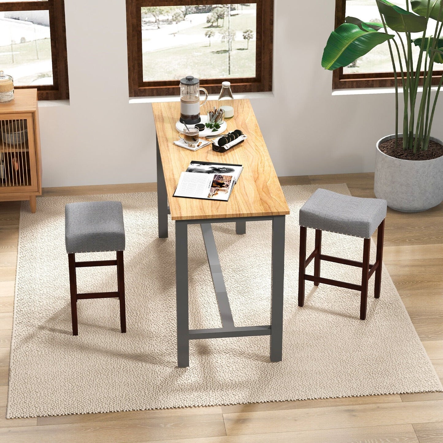 Set of 2 24 Inch Bar Stool with Curved Seat Cushions-Beige