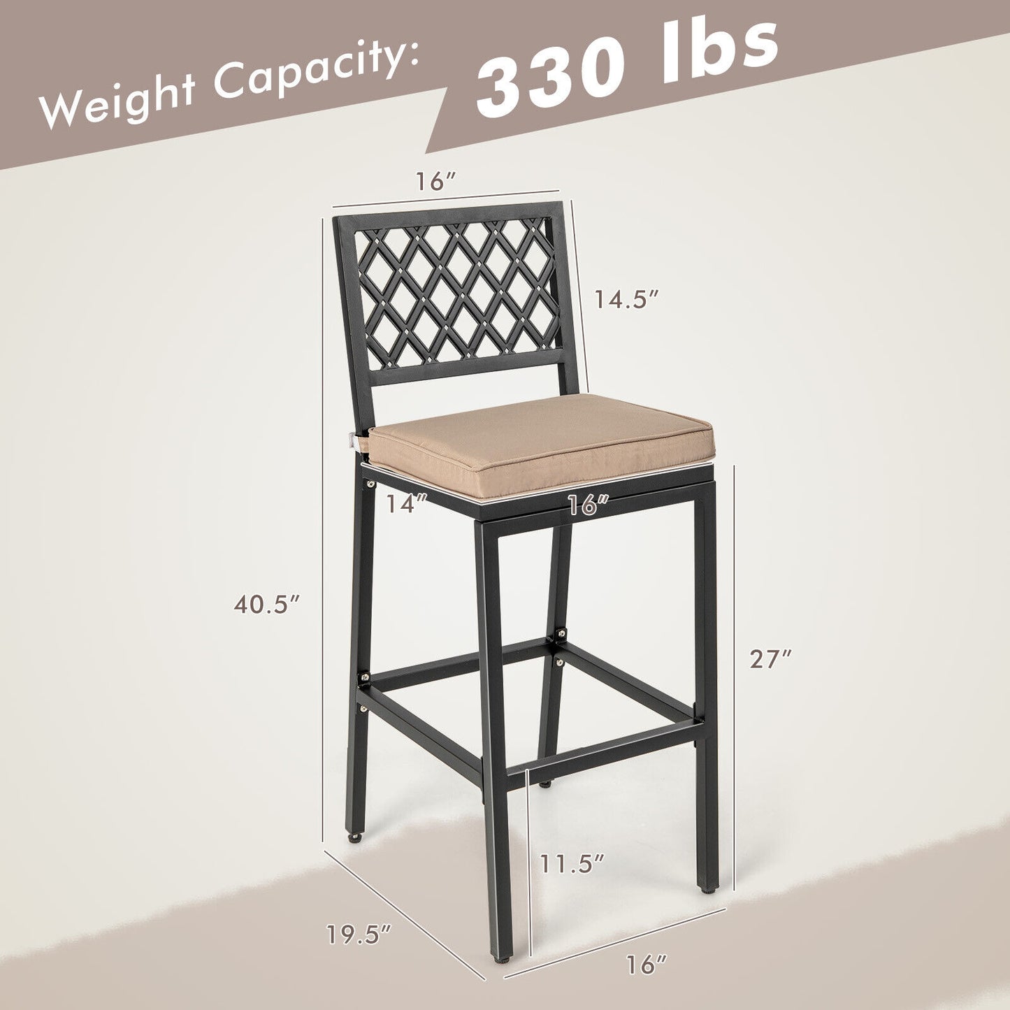Set of 2 Patio Bar Chairs with Detachable Cushion and Footrest-Argyle Pattern