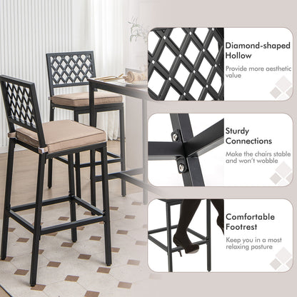 Set of 2 Patio Bar Chairs with Detachable Cushion and Footrest-Argyle Pattern