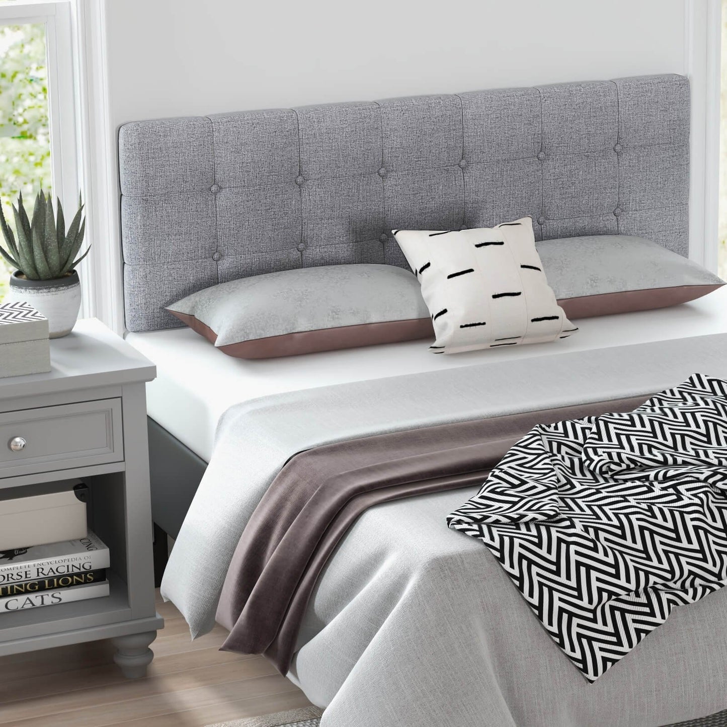 Linen Upholstered Headboard with Solid Rubber Wood Legs-Beige