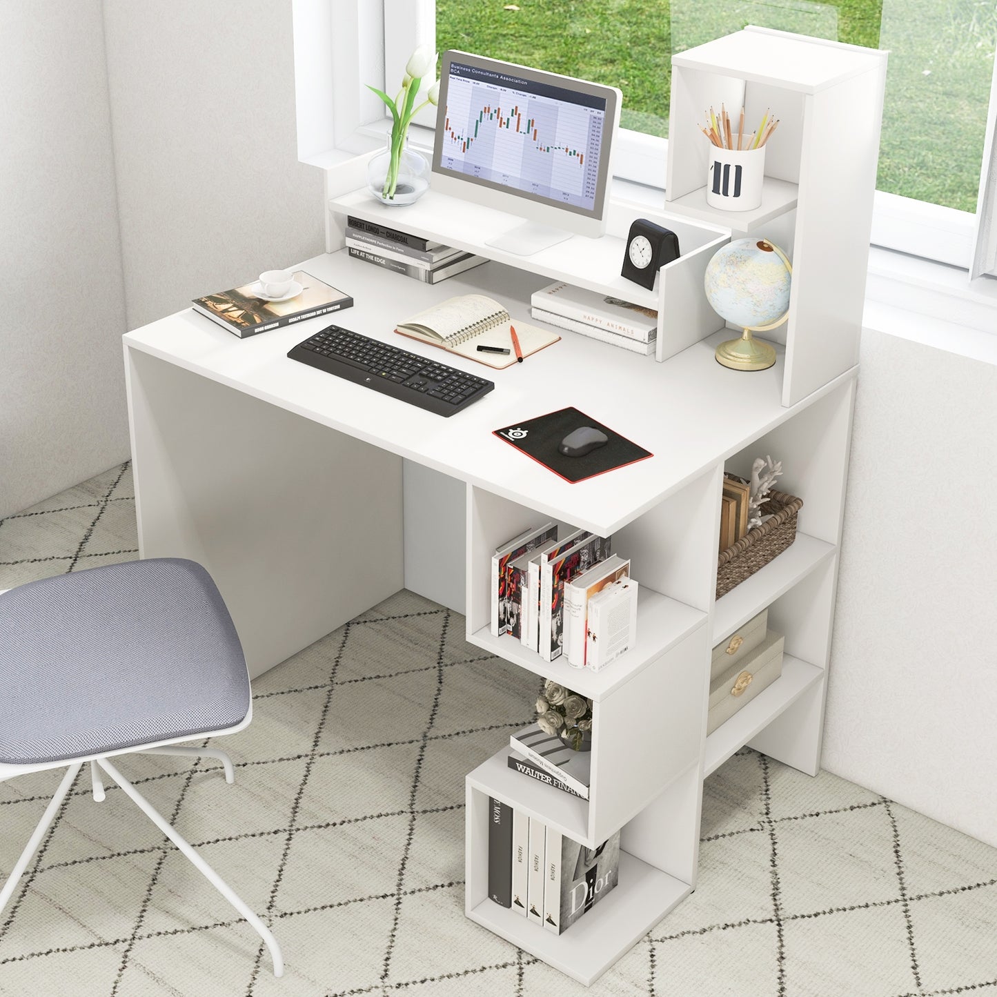 Modern Computer Desk with Storage Bookshelf and Hutch for Home Office-White