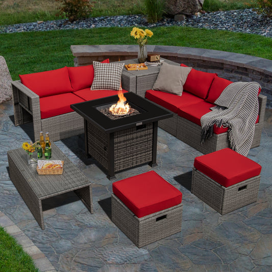 9 Pieces Outdoor Patio Furniture Set with 32-Inch Propane Fire Pit Table-Red
