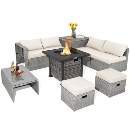 9 Pieces Outdoor Patio Furniture Set with 32-Inch Propane Fire Pit Table-Off White