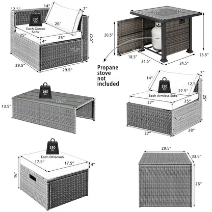 9 Pieces Outdoor Patio Furniture Set with 32-Inch Propane Fire Pit Table-Off White