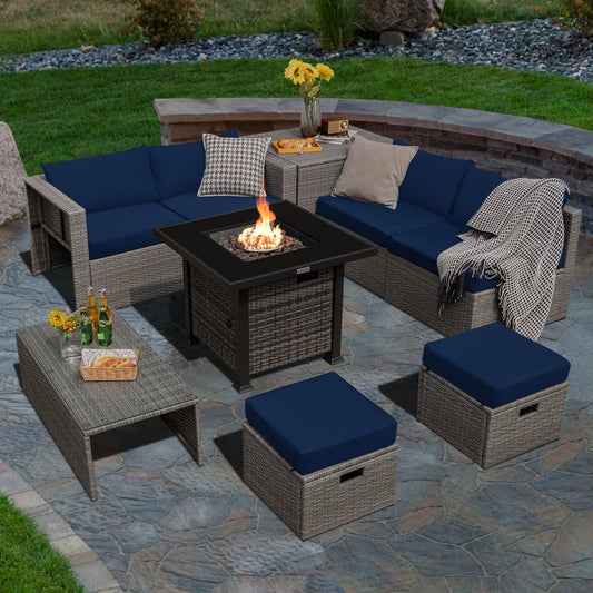 9 Pieces Outdoor Patio Furniture Set with 32-Inch Propane Fire Pit Table-Navy