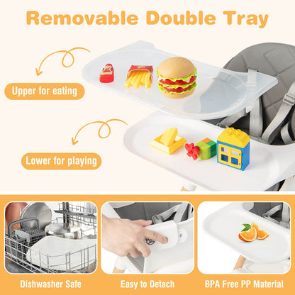 6 in 1 Convertible Highchair with Safety Harness and Removable Tray-White