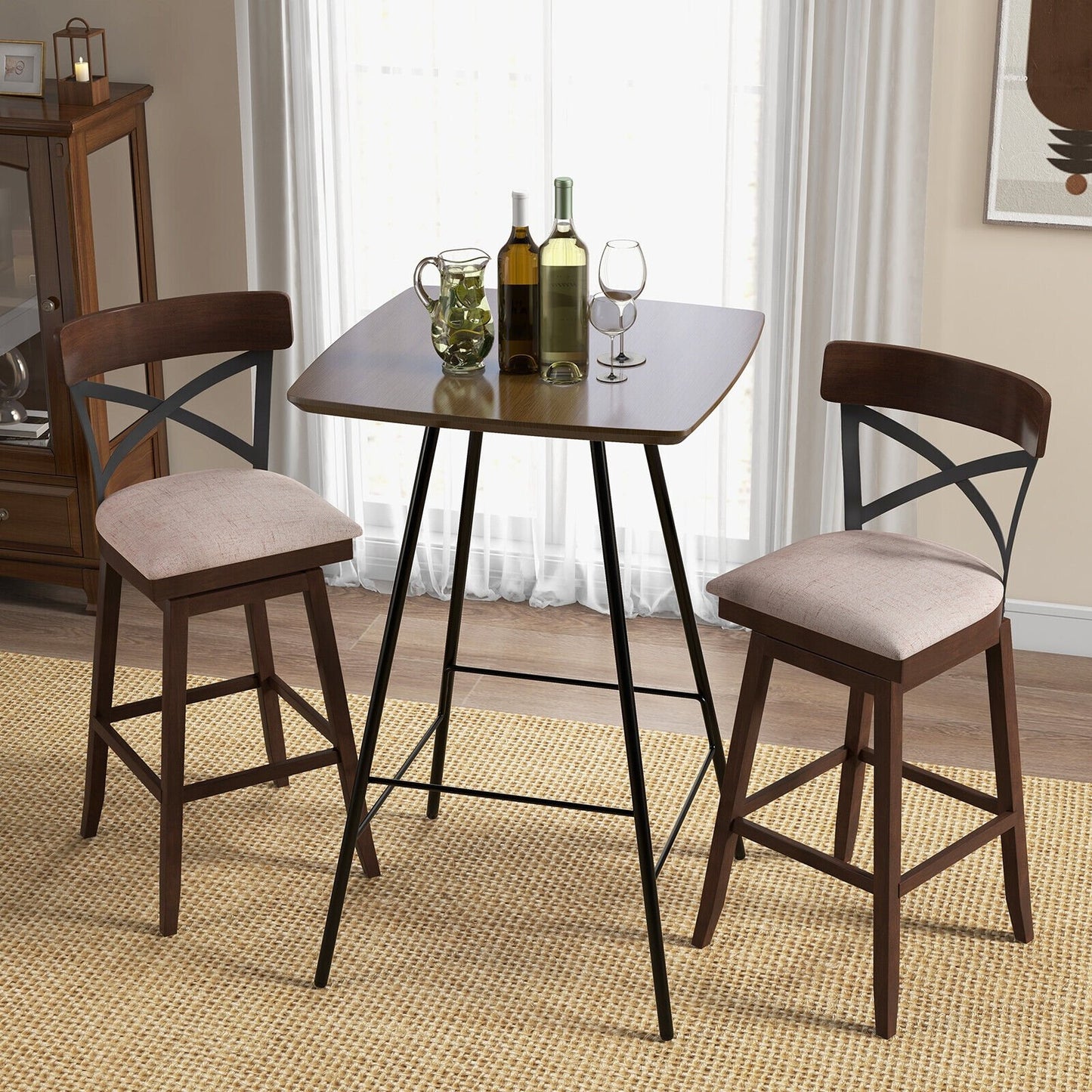 Set of 2 Wooden Swivel Bar Stools with Cushioned Seat and Open X Back-25 inches