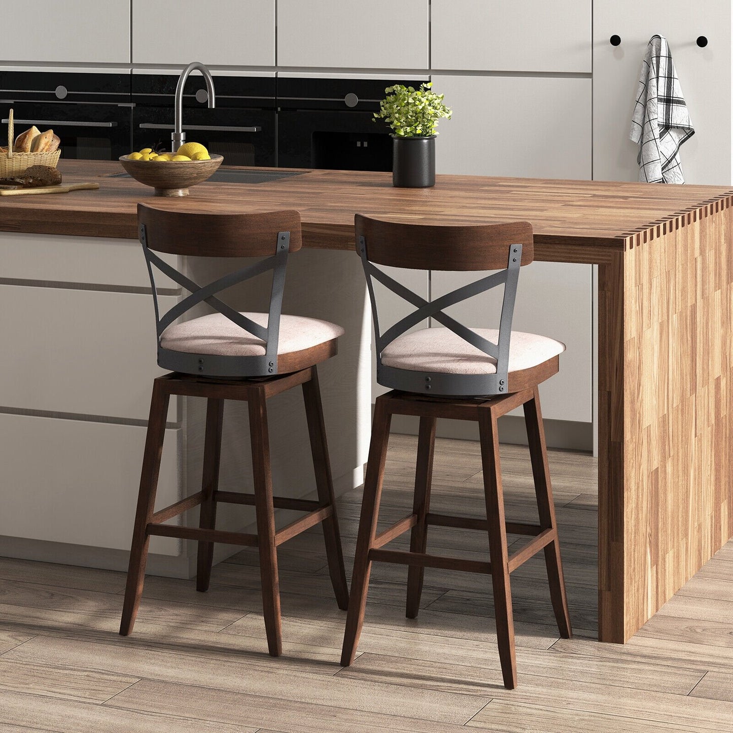 Set of 2 Wooden Swivel Bar Stools with Cushioned Seat and Open X Back-25 inches