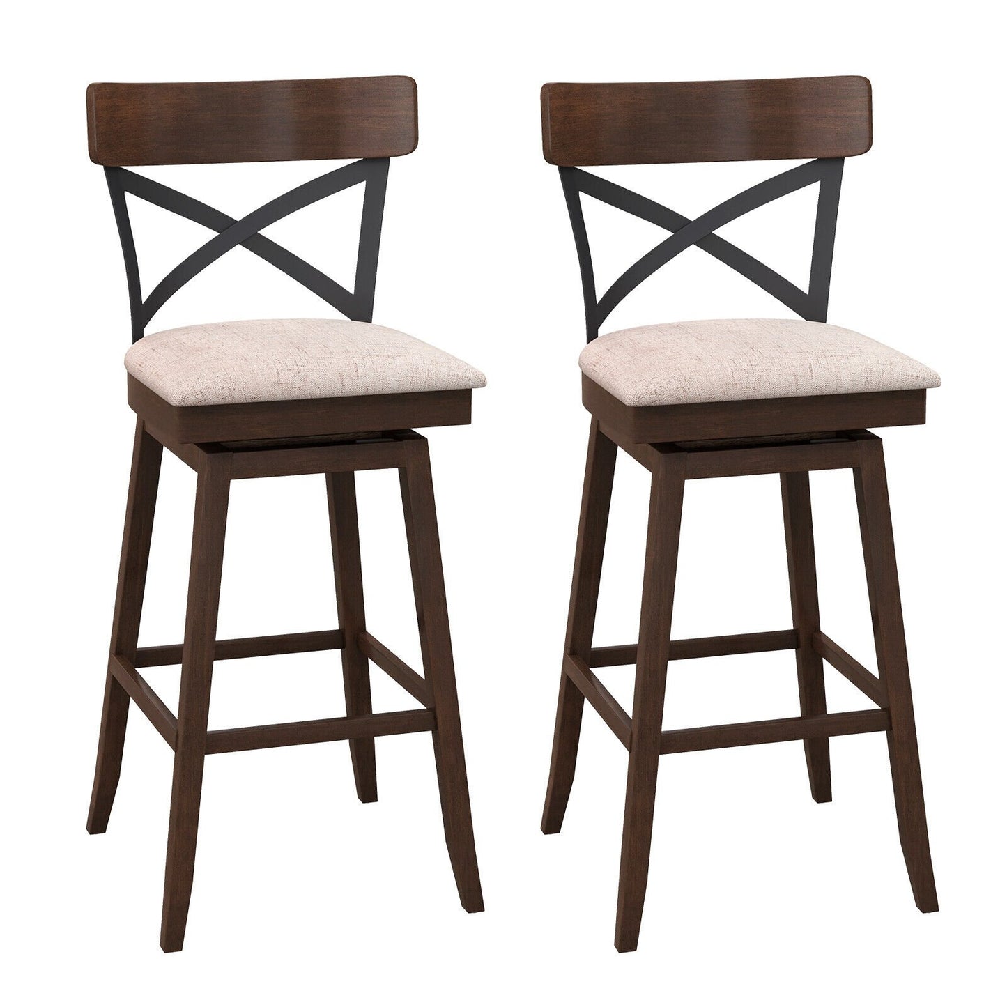Set of 2 Wooden Swivel Bar Stools with Cushioned Seat and Open X Back-25 inches