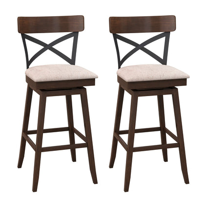 Set of 2 Wooden Swivel Bar Stools with Cushioned Seat and Open X Back-25 inches