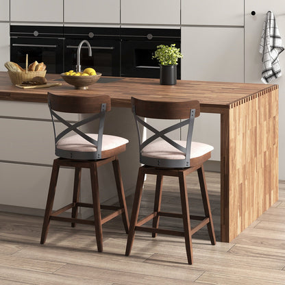 Set of 2 Wooden Swivel Bar Stools with Cushioned Seat and Open X Back-25 inches