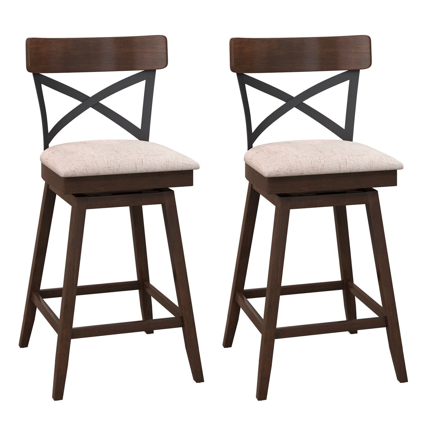 Set of 2 Wooden Swivel Bar Stools with Cushioned Seat and Open X Back-25 inches