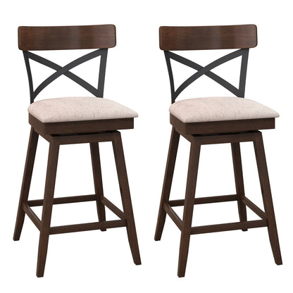 Set of 2 Wooden Swivel Bar Stools with Cushioned Seat and Open X Back-25 inches