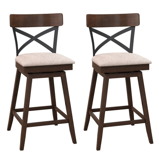 Set of 2 Wooden Swivel Bar Stools with Cushioned Seat and Open X Back-25 inches
