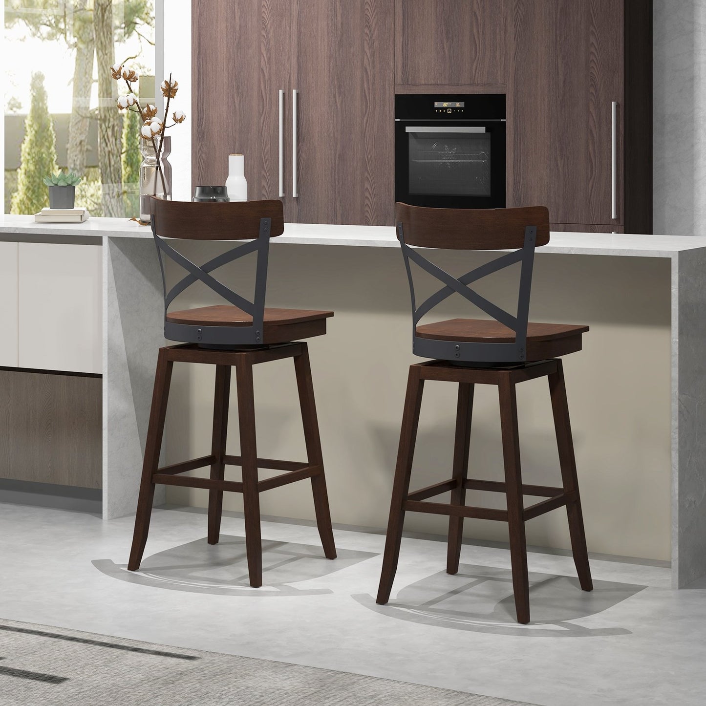Set of 2 Wooden Swivel Bar Stools with Open X Back and Footrest-24 inches