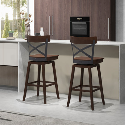 Set of 2 Wooden Swivel Bar Stools with Open X Back and Footrest-24 inches