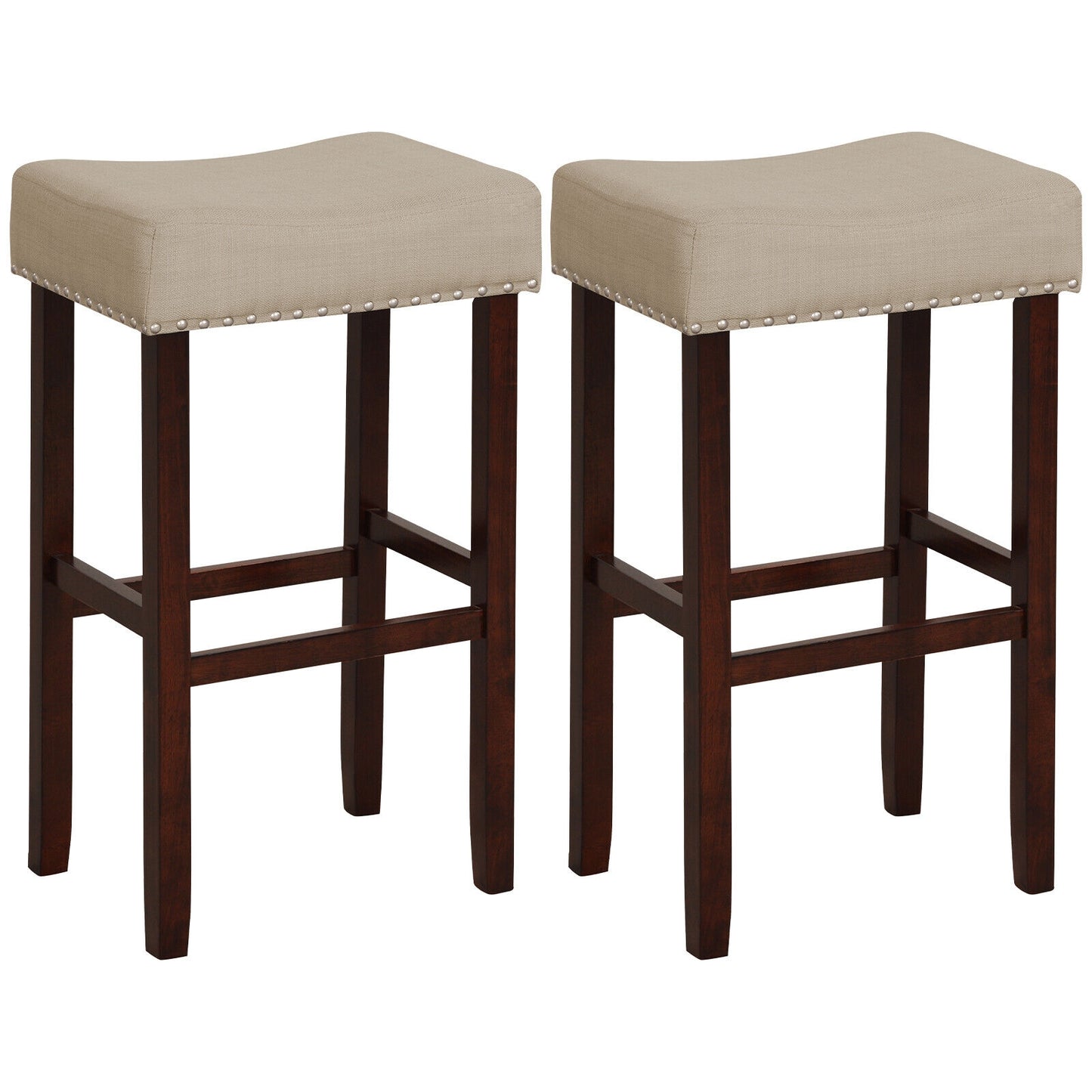 2 Set of 29 Inch Height Upholstered Bar Stool with Solid Rubber Wood Legs and Footrest-Beige