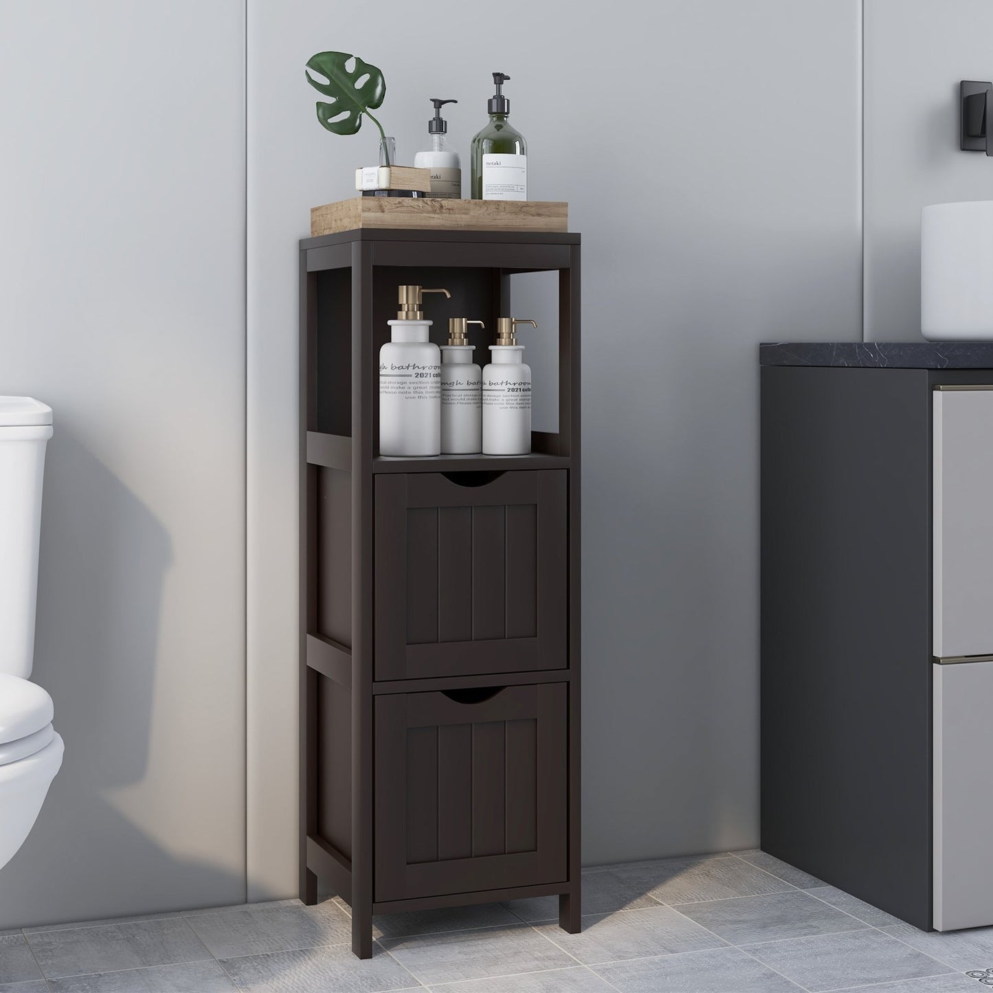 Brown wooden bathroom floor cabinet with removable drawers, ideal for storage in a bathroom setting.