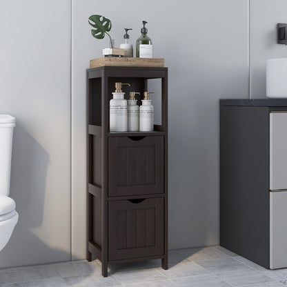 Brown wooden bathroom floor cabinet with removable drawers, ideal for storage in a bathroom setting.