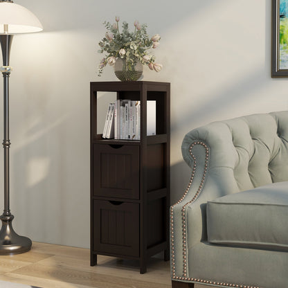 Brown wooden bathroom floor cabinet with removable drawers, designed for bathroom storage and organization.