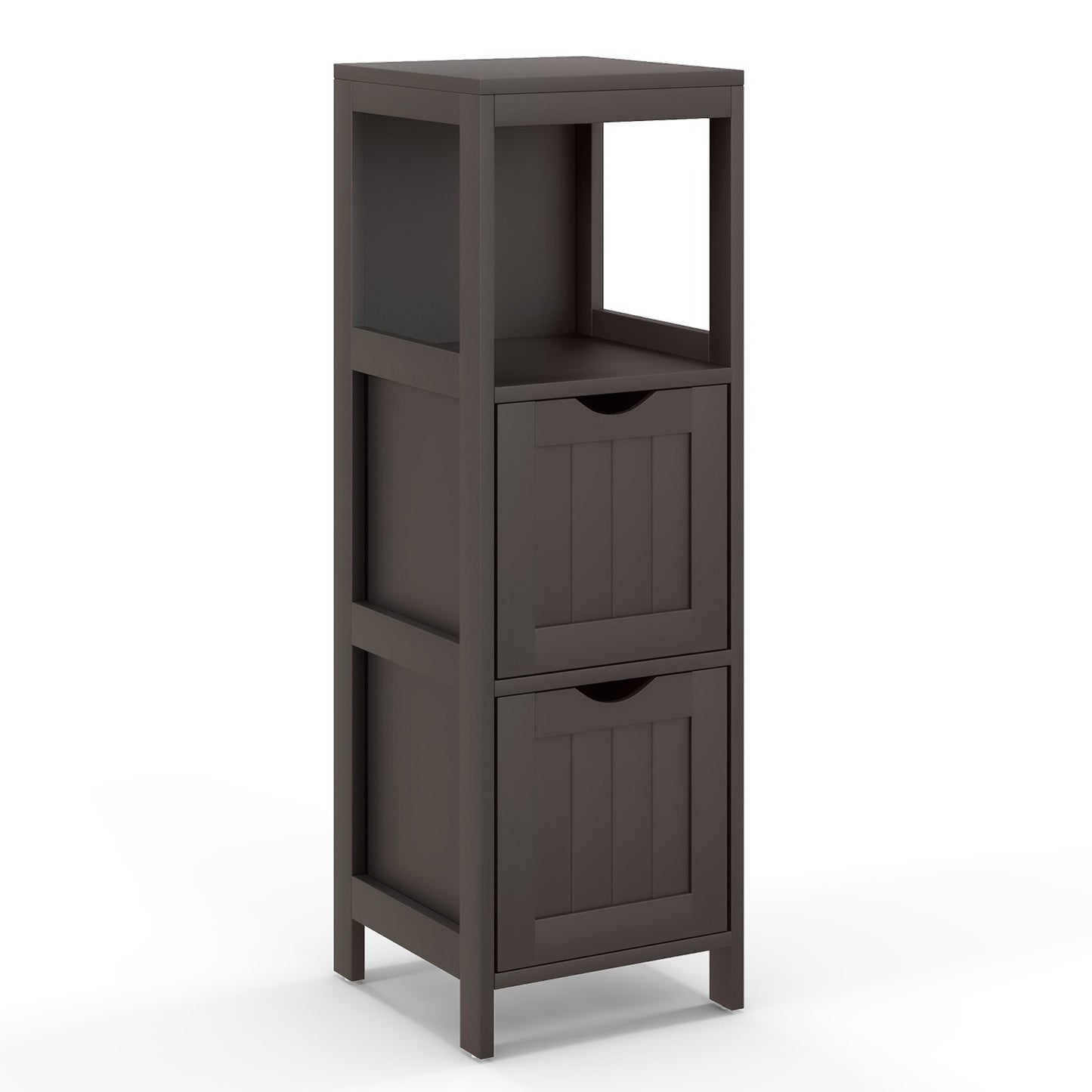 Brown wooden bathroom floor cabinet with removable drawers, providing storage in a sleek, natural finish.