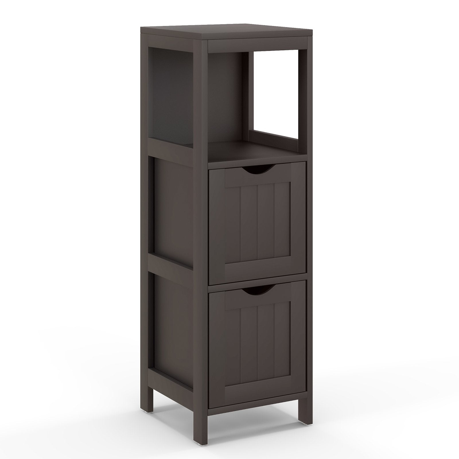 Brown wooden bathroom floor cabinet with removable drawers, providing storage in a sleek, natural finish.