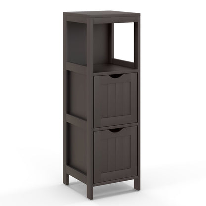 Brown wooden bathroom floor cabinet with removable drawers, providing storage in a sleek, natural finish.