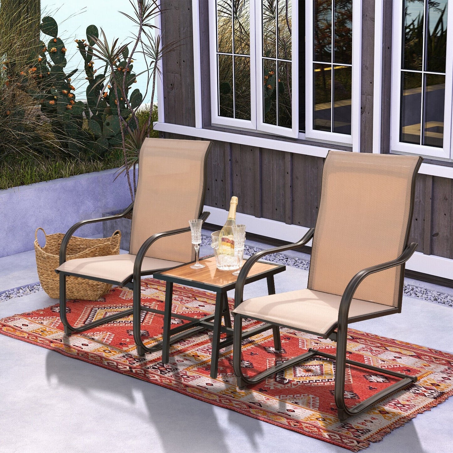 2 Pieces C-Spring Motion Patio Dining Chairs with Breathable Fabric-Black