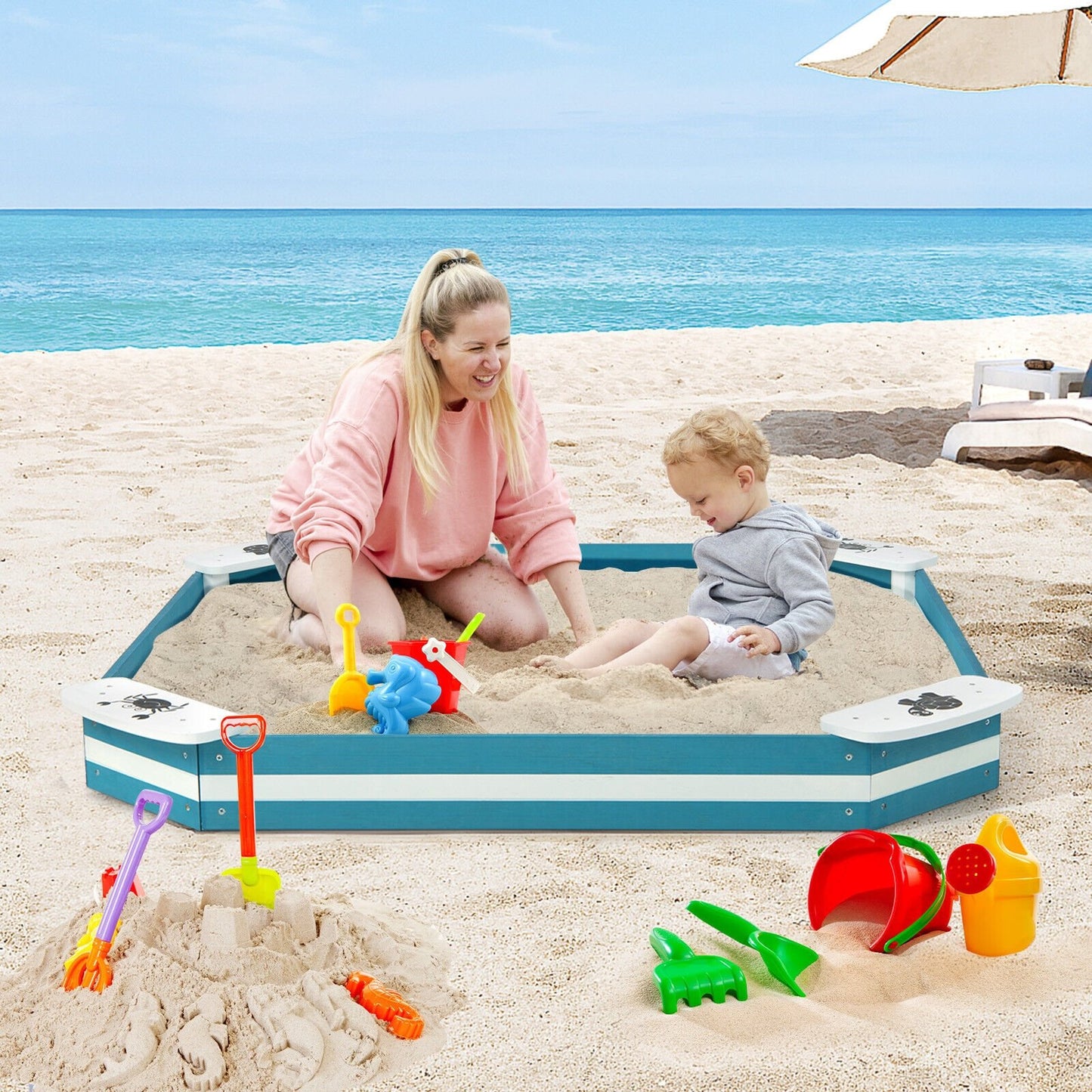 Outdoor Solid Wood Sandbox with 4 Built-in Animal Patterns Seats