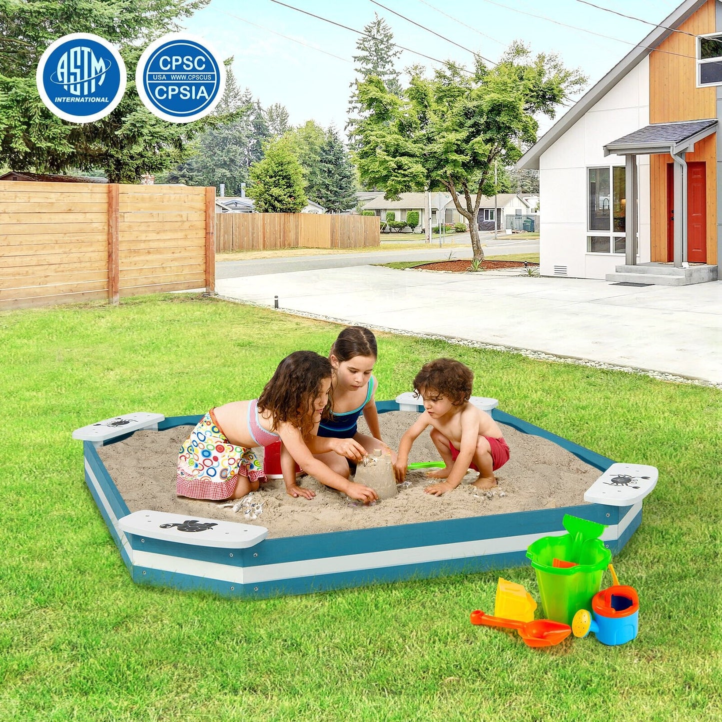 Outdoor Solid Wood Sandbox with 4 Built-in Animal Patterns Seats