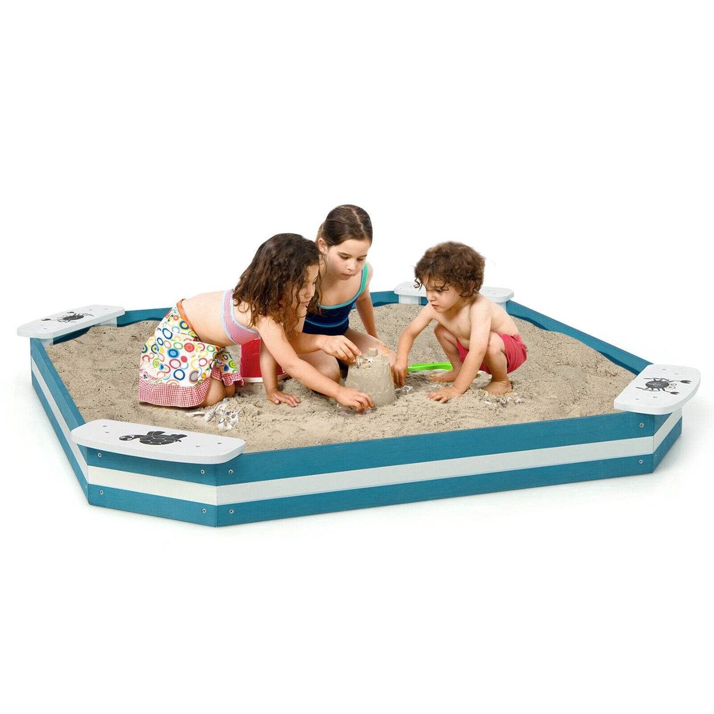 Outdoor Solid Wood Sandbox with 4 Built-in Animal Patterns Seats