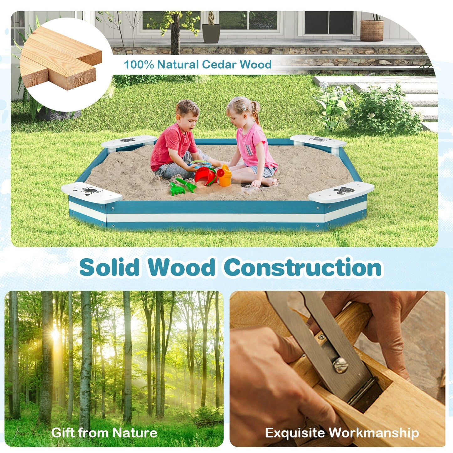 Outdoor Solid Wood Sandbox with 4 Built-in Animal Patterns Seats