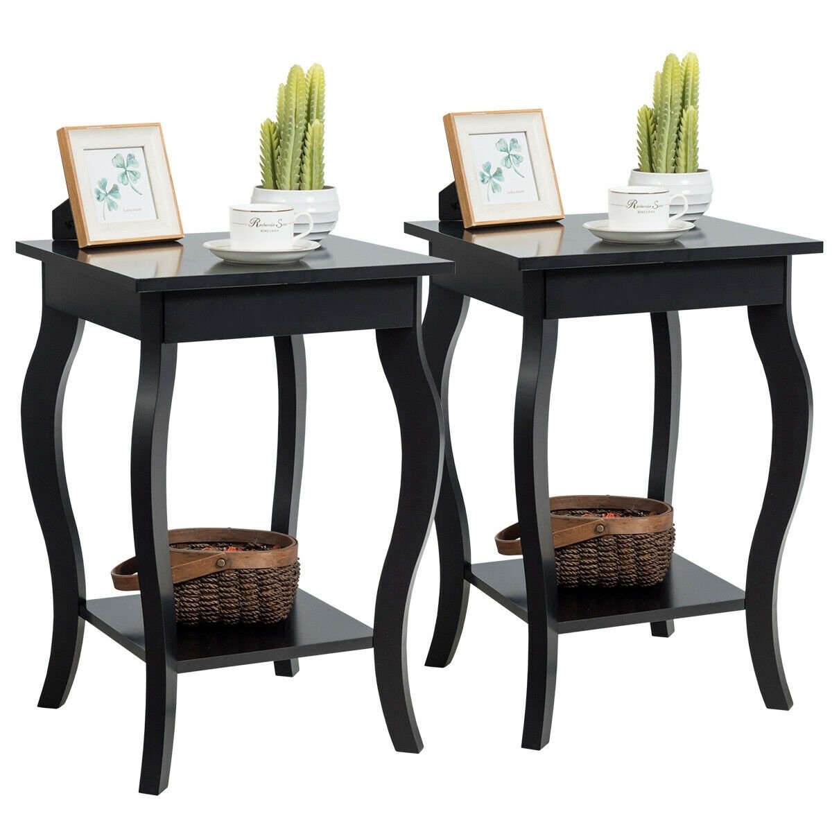 Set of 2 Side Table End Table Night Stand with Shelf-Black