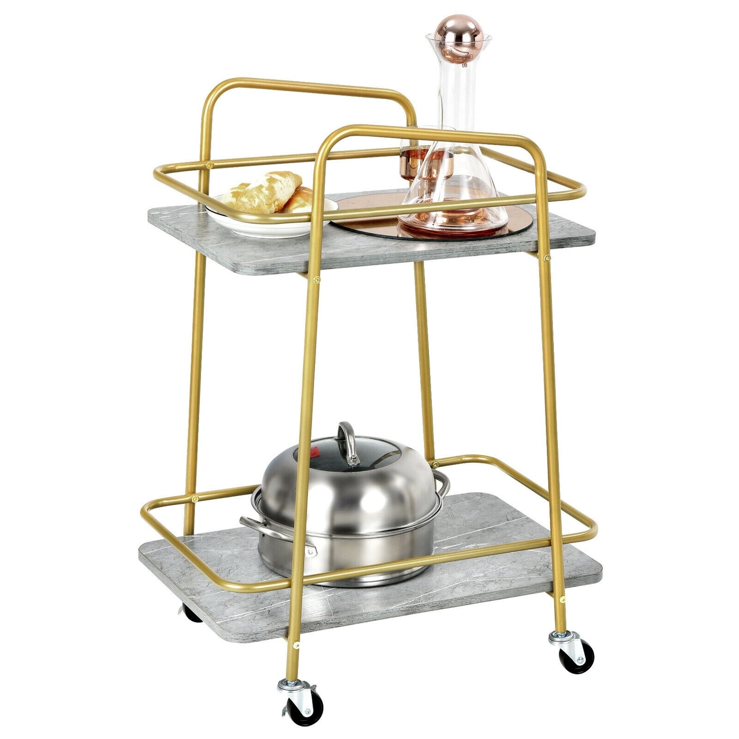 2-tier Kitchen Rolling Cart with Steel Frame and Lockable Casters-Gray