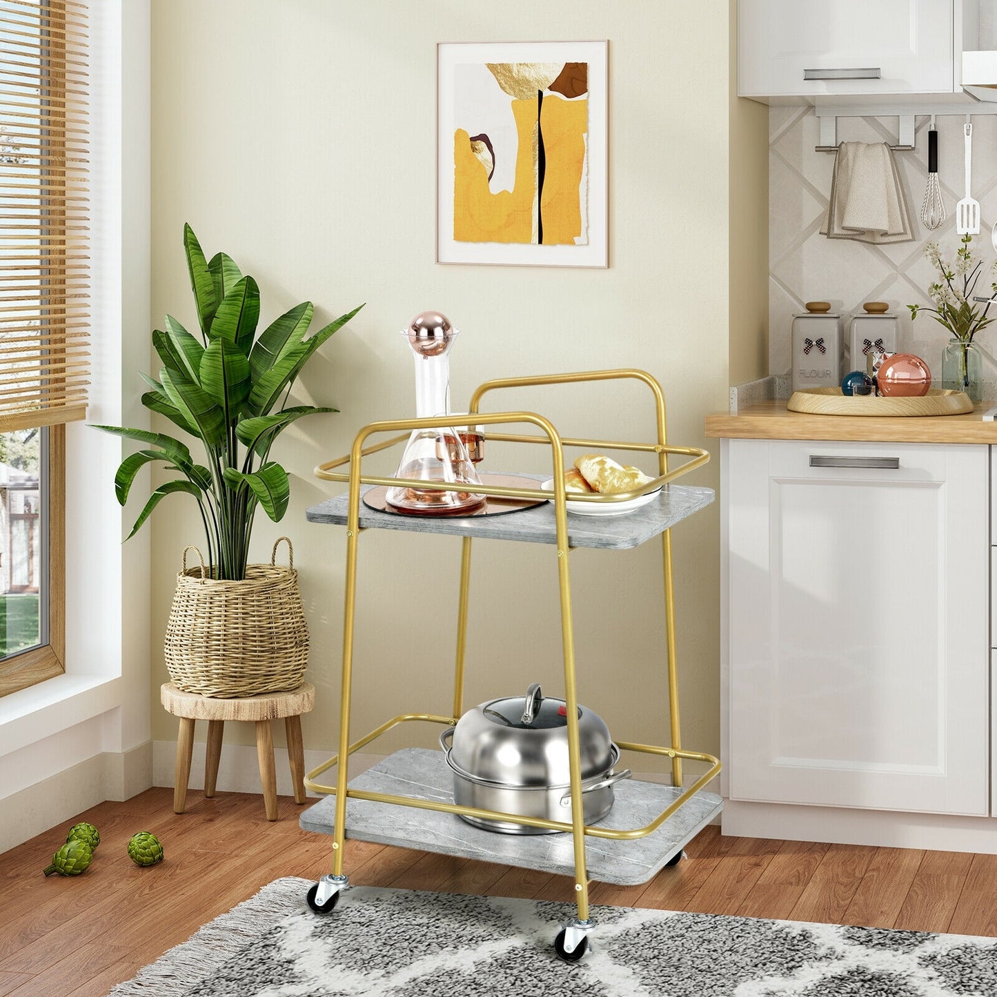 2-tier Kitchen Rolling Cart with Steel Frame and Lockable Casters-Gray