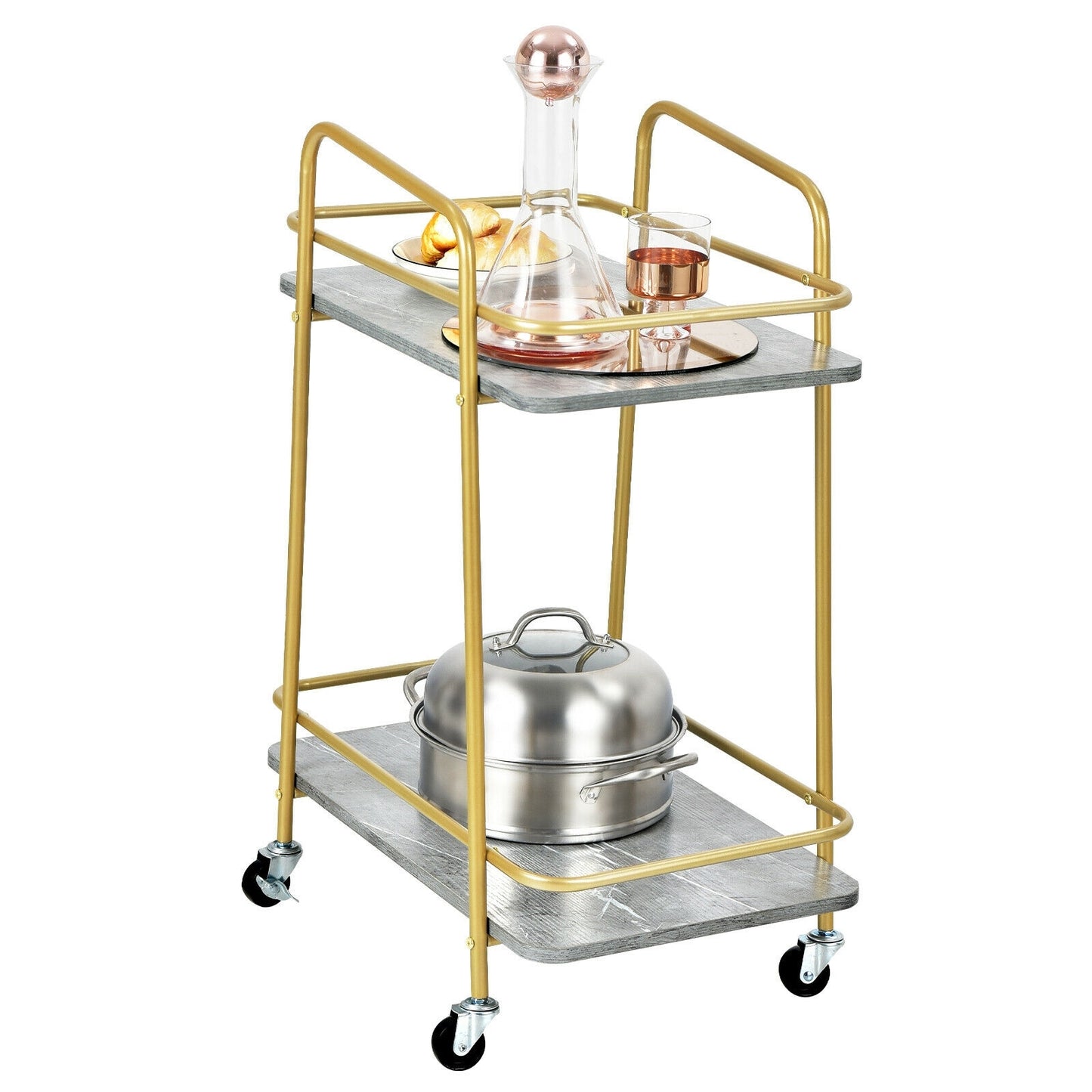 2-tier Kitchen Rolling Cart with Steel Frame and Lockable Casters-Gray