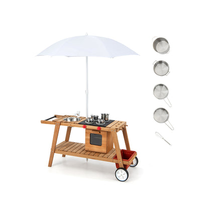 Wooden Play Cart with Sun Proof Umbrella for Toddlers Over 3 Years Old-Brown