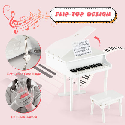 30-Key Kids Piano Keyboard Toy with Bench Piano Lid and Music Rack-White