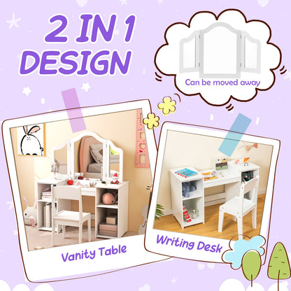 Kids Vanity Table and Chair Set with Removable Tri-Folding Mirror-White