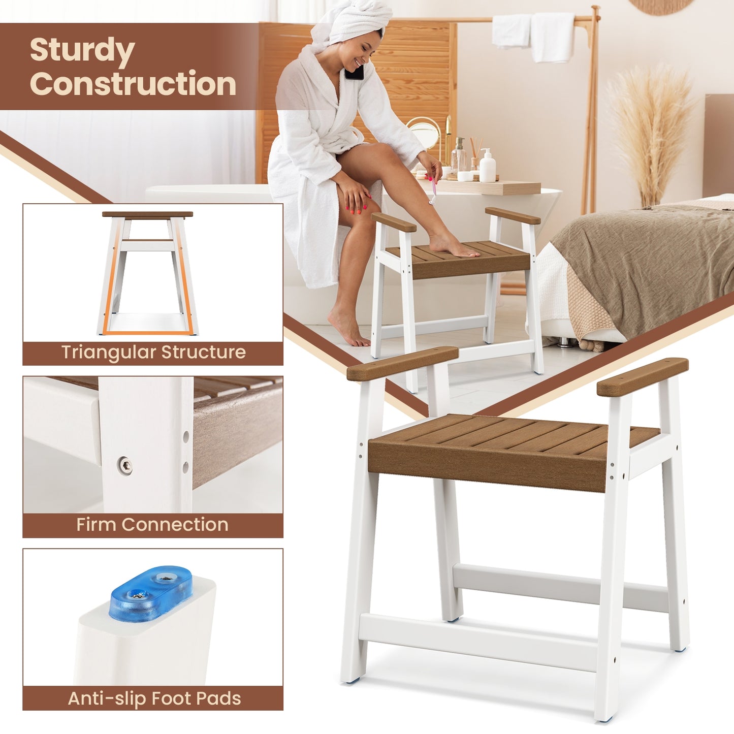 Shower Bench with Arms for Inside Shower Shaving Legs-Brown