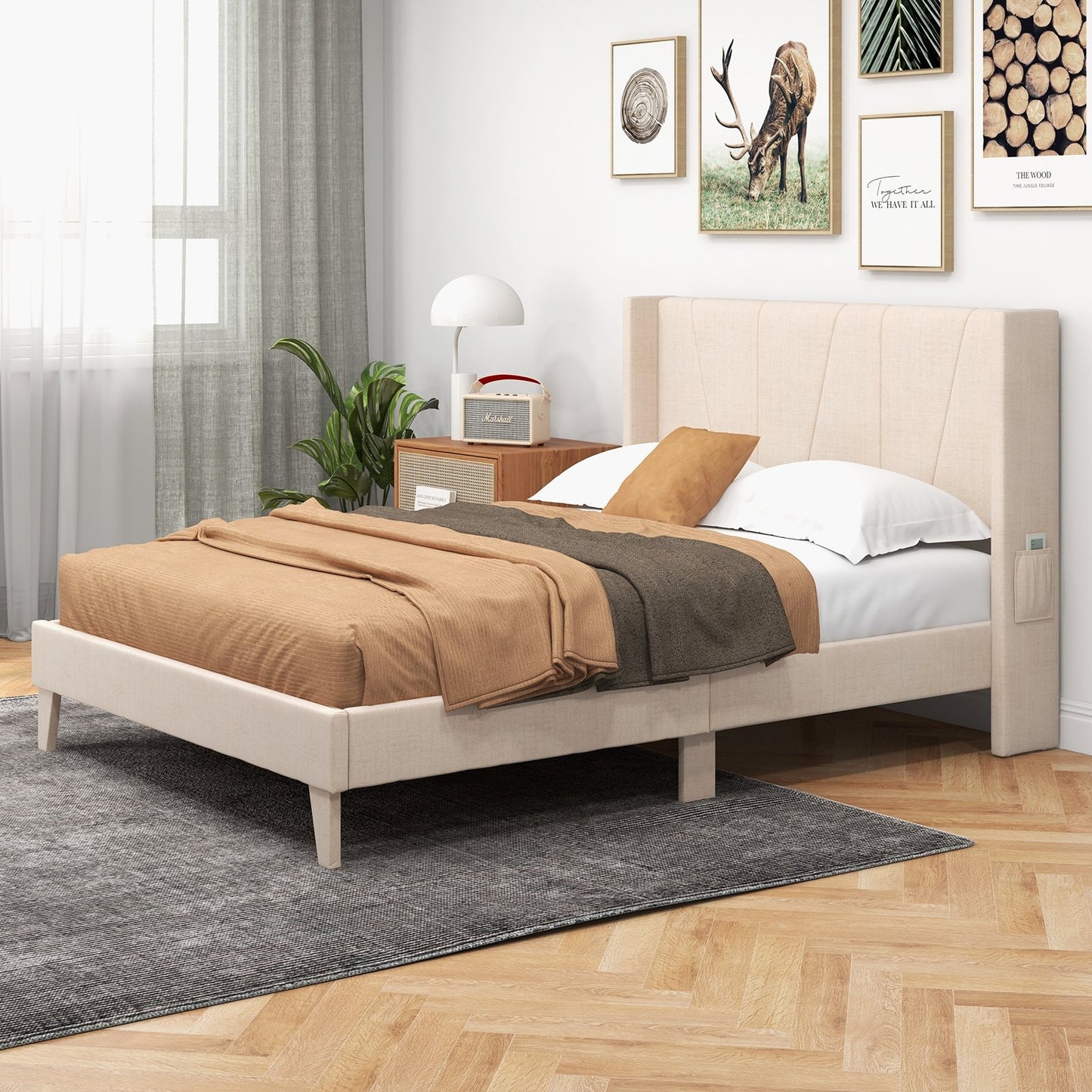 Full/Queen Size Upholstered Bed Frame with Geometric Wingback Headboard-Queen Size