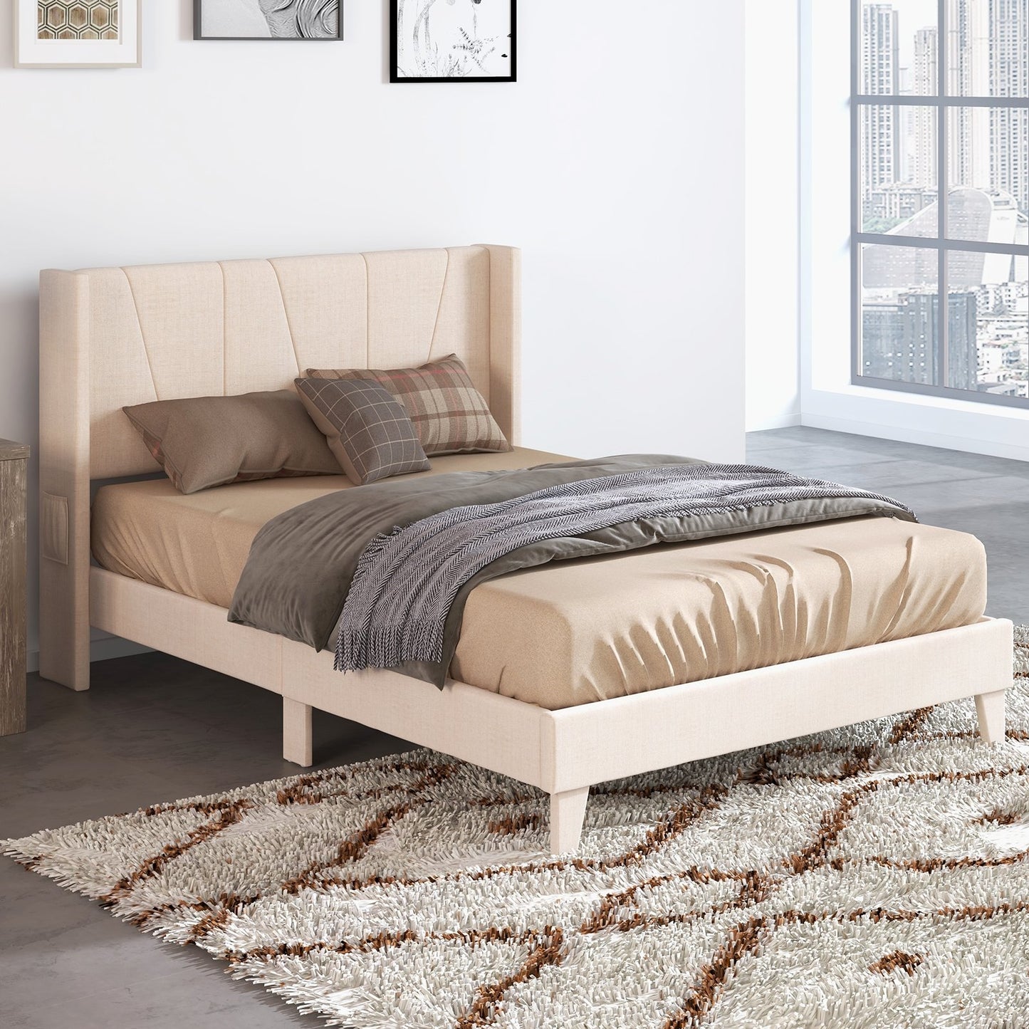 Full/Queen Size Upholstered Bed Frame with Geometric Wingback Headboard-Queen Size