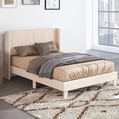 Full/Queen Size Upholstered Bed Frame with Geometric Wingback Headboard-Queen Size