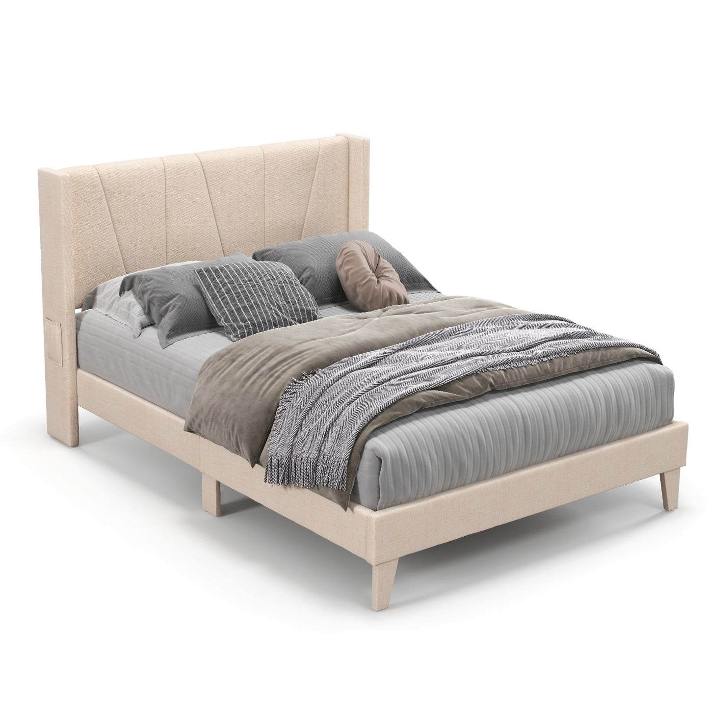 Full/Queen Size Upholstered Bed Frame with Geometric Wingback Headboard-Queen Size