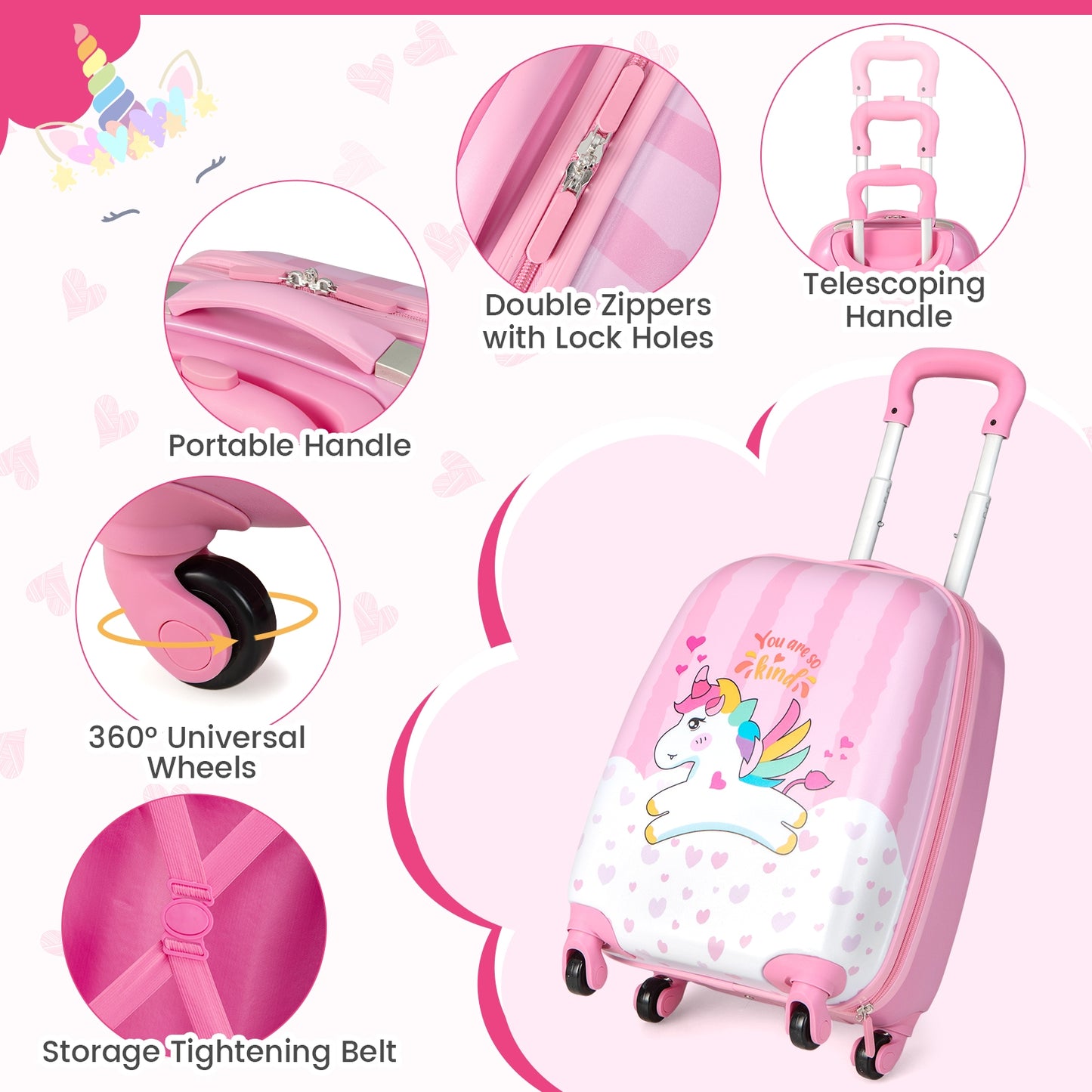 2 Pieces 12 Inch 16 Inch Kids Luggage Set with Backpack and Suitcase for Travel-Lovely Unicorn