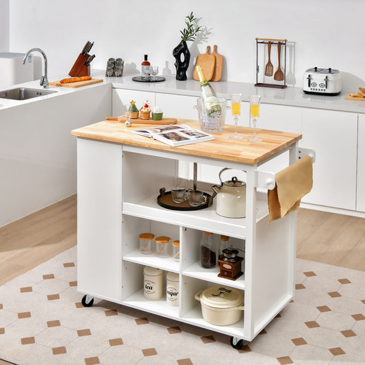 Kitchen Island Trolley Cart on Wheels with Storage Open Shelves and Drawer-White